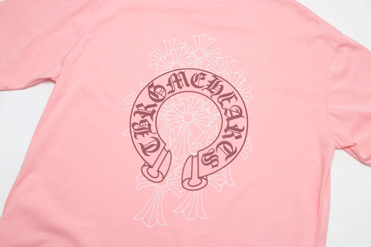 P140 Chrome Hearts Sanskrit Horseshoe Cross Print Cherry Blossom Pink Short Sleeves Size: SMLXL Color: Pink